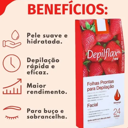 Depilflax Folhas Prontas Para Depilação Corporal Morango com 20 folhas