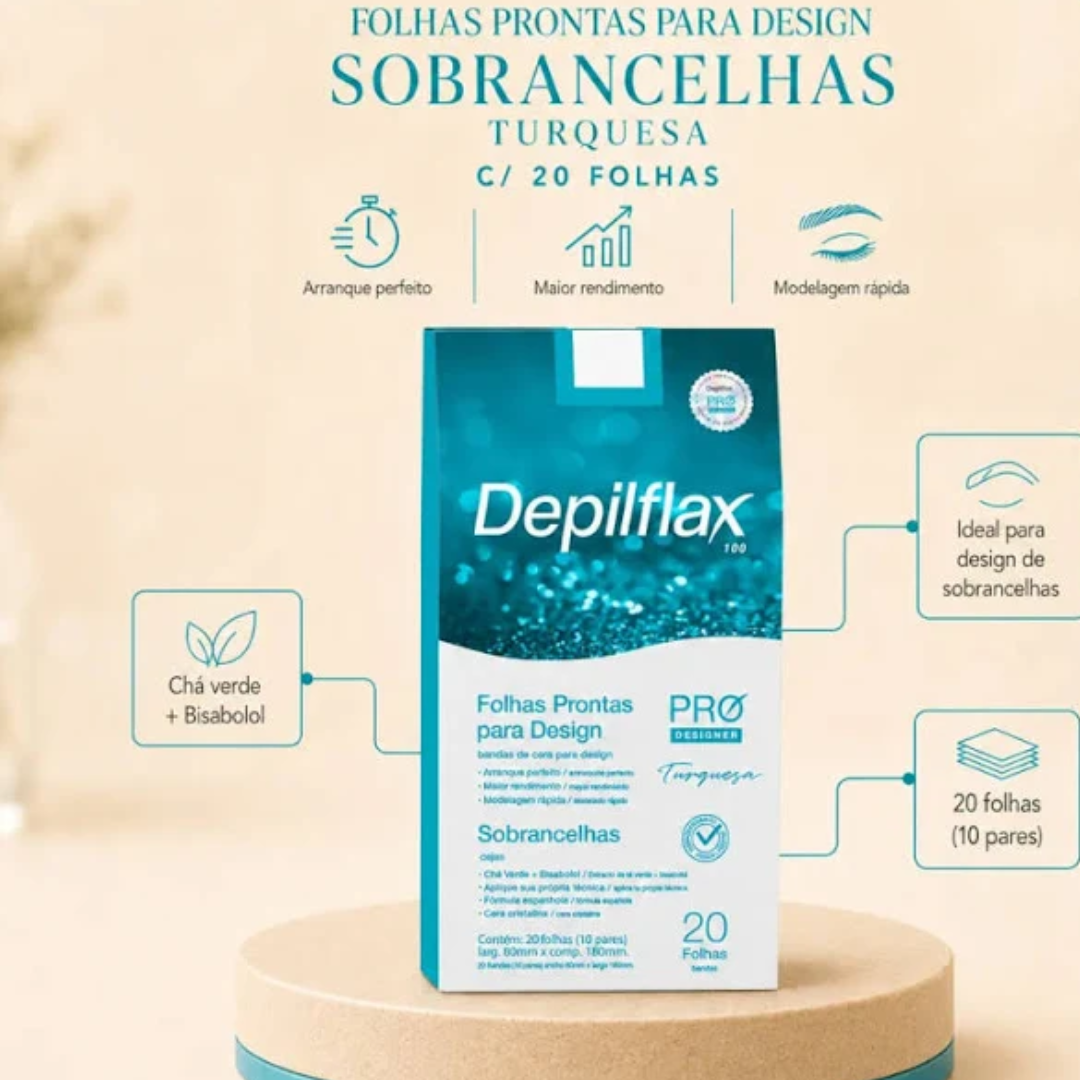 Depilflax Folhas Prontas Para Depilação Sobrancelha Turquesa com 20 folhas