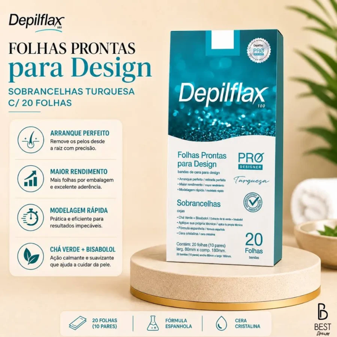 Depilflax Folhas Prontas Para Depilação Sobrancelha Turquesa com 20 folhas
